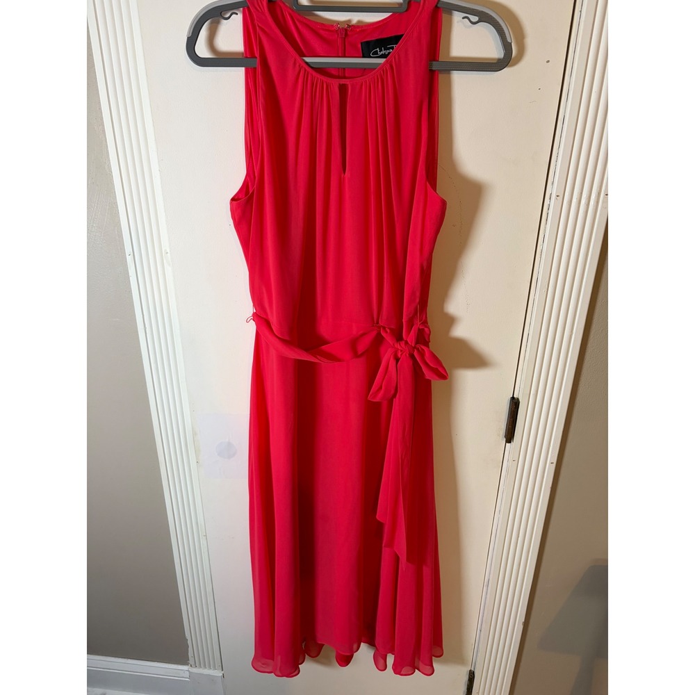Chelsea Rose Coral Red Sleeveless Keyhole Midi Dress with Tie Waist Size 14